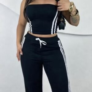 Conjunto  cropped tomara que caia, calça wind leg